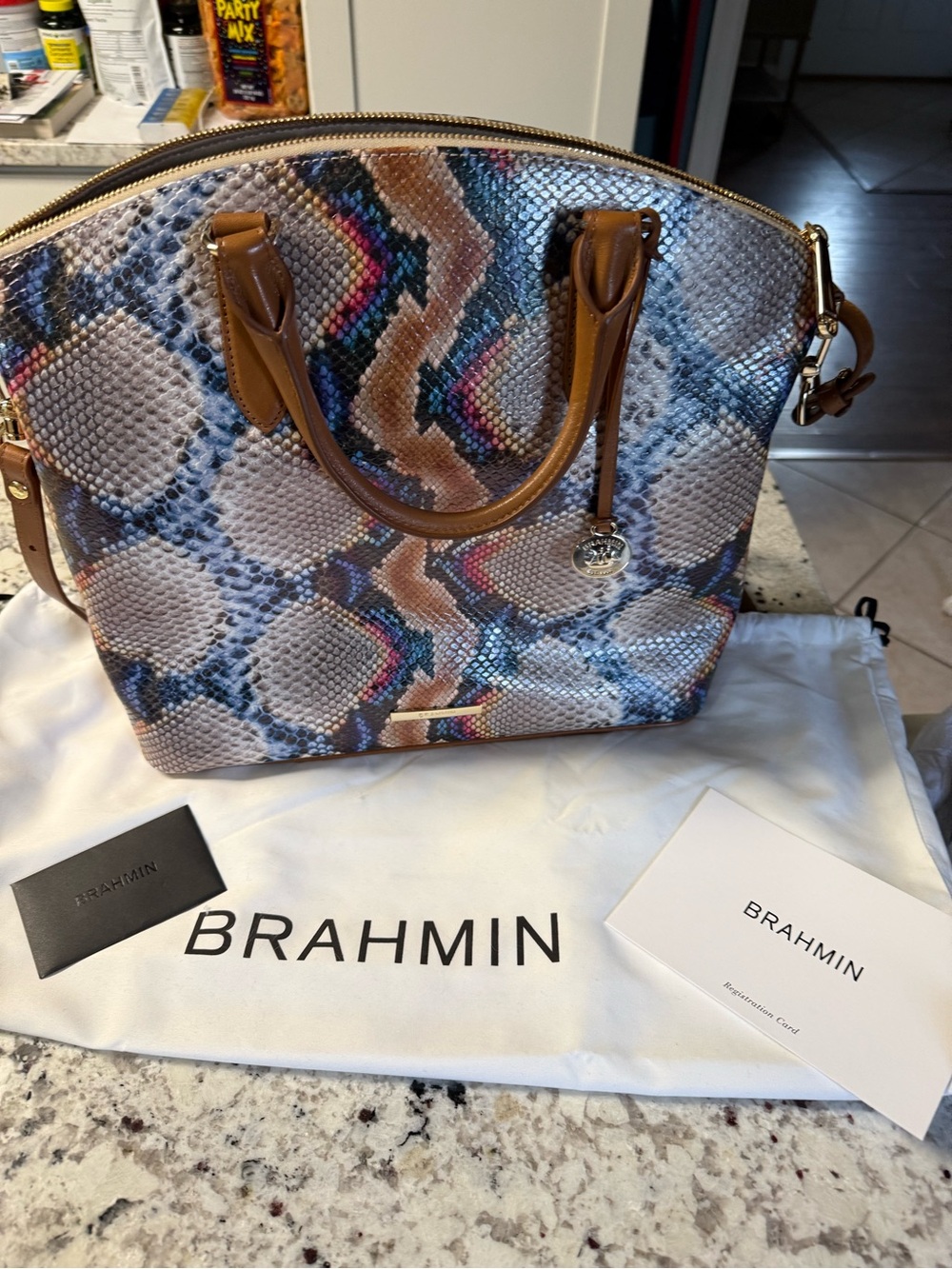 Brahmin Multicolor Serpentine Dome Satchel with Tan Trim